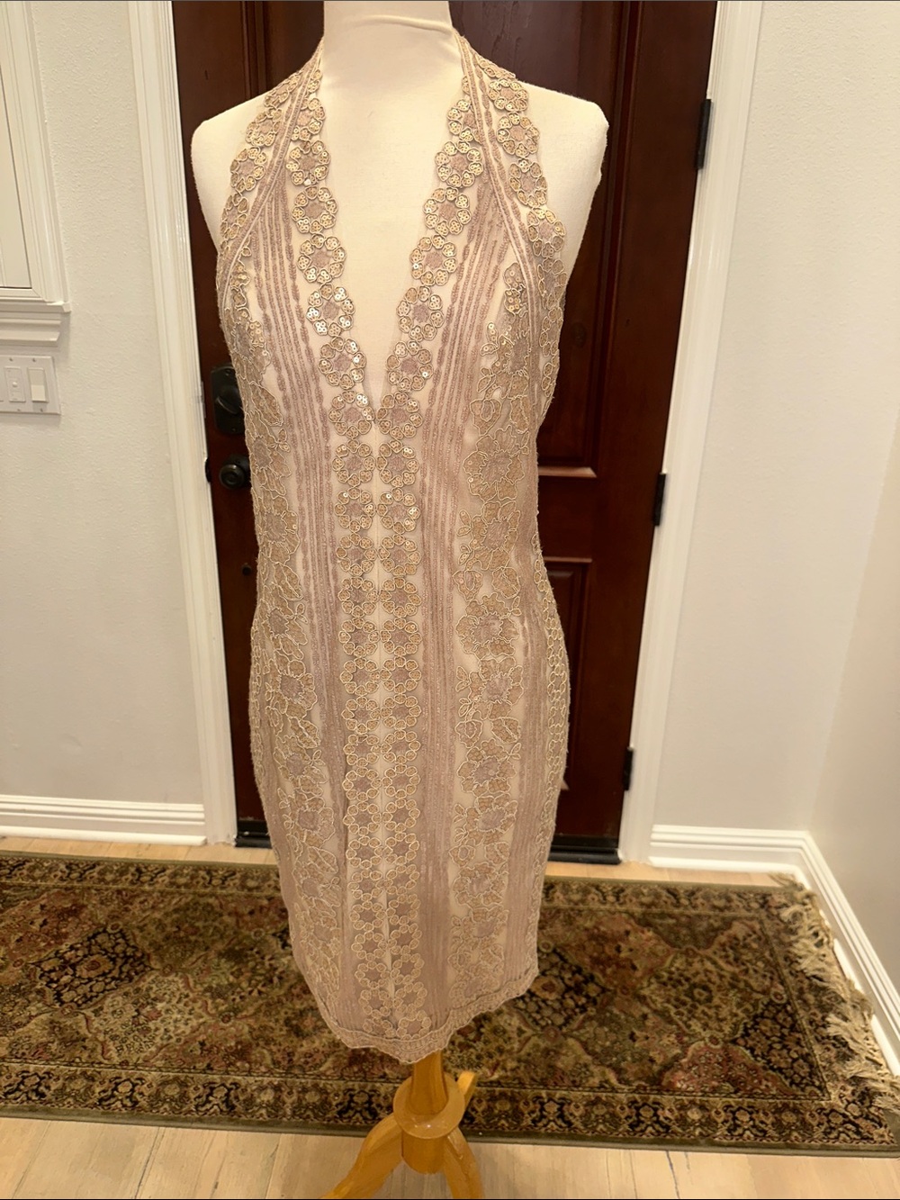 Tadashi Shoji Blush One-Shoulder Lace Sheath Dress with Sequin Trim